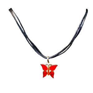Vintage Vibrant Red Butterfly Strung on 3 Cord Chain Necklace